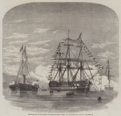 Ombordstigning av prinsen av Wales i HMS "Hero" i Plymouth för Kanada (gravyr) av English School
