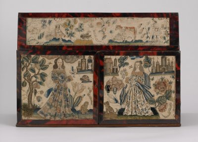 Broderad kista, ca 1660 (silke, canvas, trä, sköldpaddsskal och silverfästen) av English School