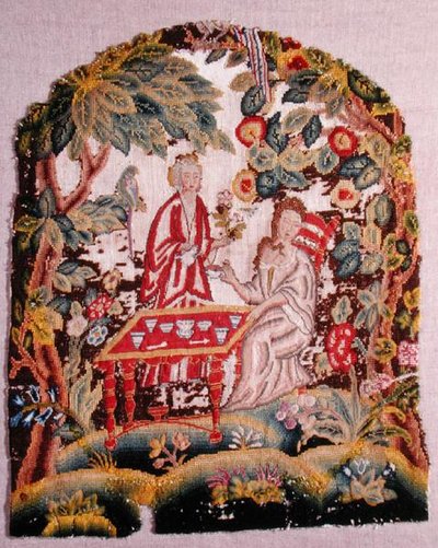 Broderad stol, ca 1700 (ull och siden på duk) av English School