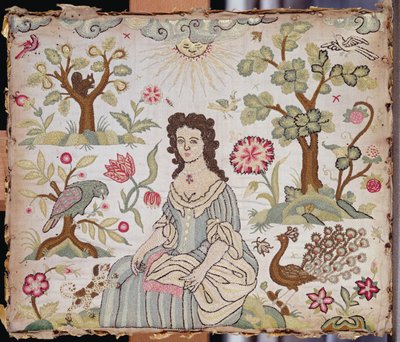 Broderad panel föreställande en dam i en trädgård, ca 1700 (silke) av English School