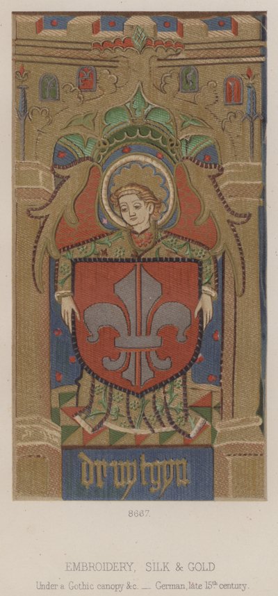 Broderi, siden och guld, under en gotisk baldakin etc, tyska, sent 1400-tal (färglitografi) av English School