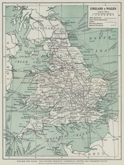 England och Wales, Karta som visar produkter, kommersiella centra och transportvägar (litho) av English School