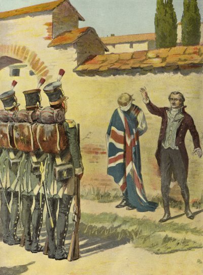 Engelsk konsul som skyddar en fånge (färg litho) av English School