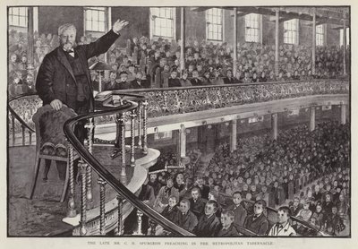 Engelsk Baptistpredikant Charles Haddon Spurgeon predikar vid Metropolitan Tabernacle, London (litho) av English School