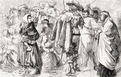 Engelska protestanter drunknas av irländska katoliker under det irländska upproret 1641, ca 1865 (trästick) av English School