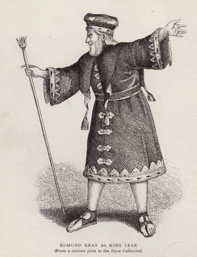 Engelske skådespelaren Edmund Kean i titelrollen i Shakespeares King Lear (litho) av English School