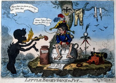 Engelsk tecknad serie som föreställer kejsar Napoleon I i exil på ön Elba: när han sitter på sin nya trone i form av en kammarkruka ger en demon honom en pistol om han har modet att använda den. maj 1814. av English School