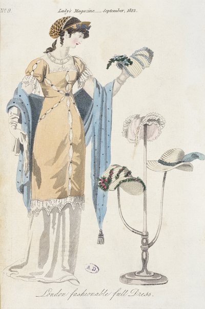Engelsk modeskylt som föreställer en ung kvinna som väljer en hatt, 1812 av English School