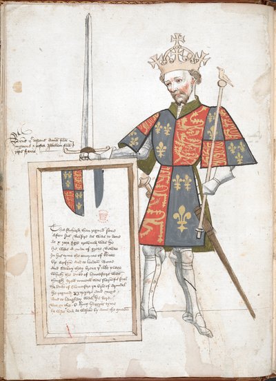 Engelsk kung i rustning och tabard (Richard II), överlämnar en plakett med verser. av English School