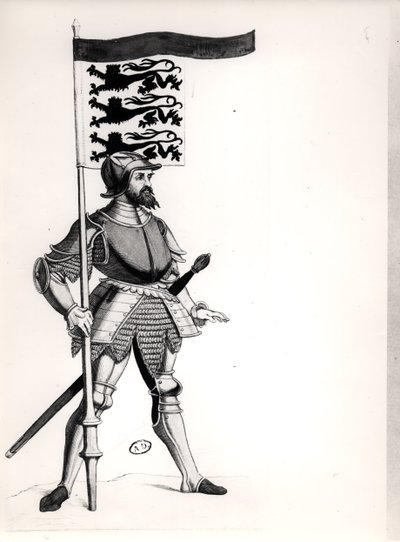 Engelsk soldat som håller en standard med de tre lejonen i England av English School