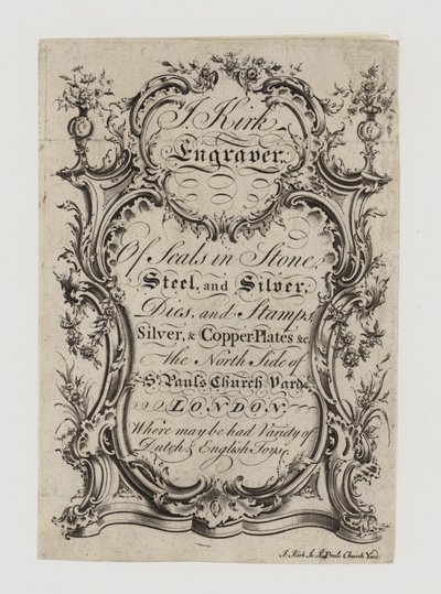 Engravers of Seals, J Kirk, handelskort av English School