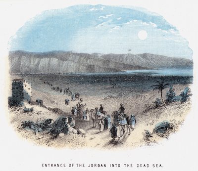 Jordans inlopp i Döda havet (färgad gravyr) av English School
