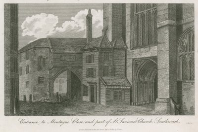 Ingången till Montague Close och en del av St Savios Church, Southwark, Surrey av English School