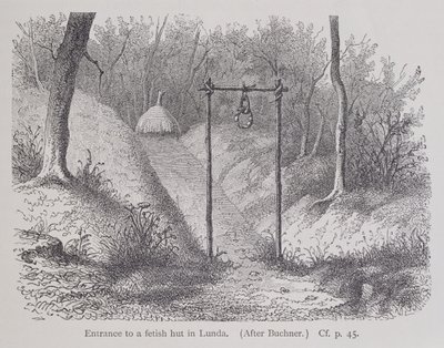 Entré till en fetischhydda i Lunda, från The History of Mankind, Vol.1, av Prof. Friedrich Ratzel, 1896 av English School