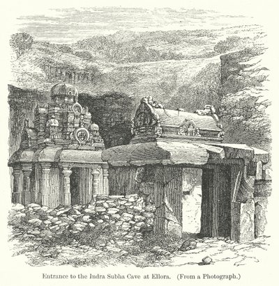 Ingång till Indra Subha-grottan vid Ellora (gravyr) av English School