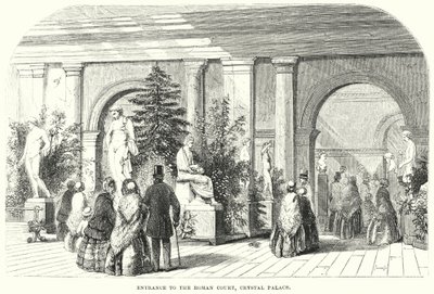 Ingången till den romerska domstolen, Crystal Palace (gravyr) av English School