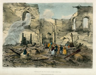 Ingången till vapenhuset, Tower of London Fire, 1841 av English School