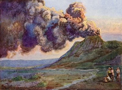 Utbrott av Mount Bromo, Java, Indonesien (färg litho) av English School
