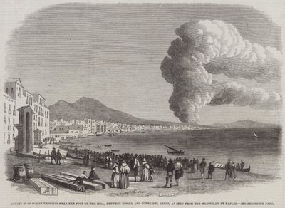 Utbrott av Vesuvius nära foten av kullen, mellan Resina och Torre del Greco, sett från Marinella vid Neapel (gravyr) av English School