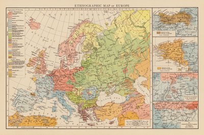 Etnografisk karta över Europa (färglitografi) av English School