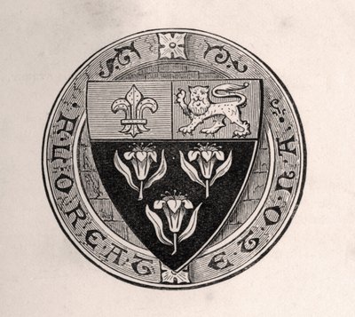 Eton-sköld lagt över rundel med skolmotto, illustration från Memoirs of Eminent Etonians, av Sir Edward Creasy publicerad London 1876 av English School