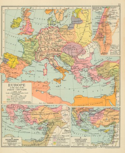Europa vid tiden för det första korståget ca 1100 e.Kr. (färglitografi) av English School