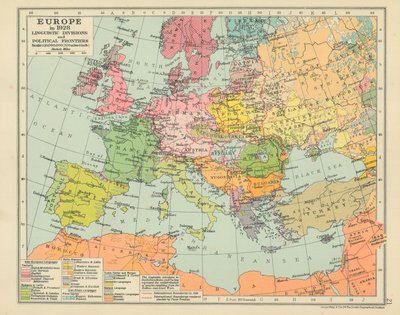 Europa 1928 Språkliga indelningar och politiska gränser (färglitografi) av English School