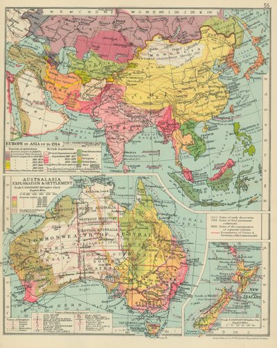Europa i Asien fram till 1914. Australasien Utforskning och bosättning (färglitografi) av English School