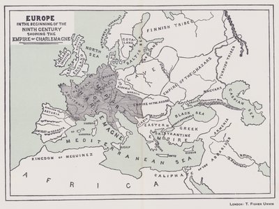 Europa i början av 800-talet med Karl den stores rike (färglitografi) av English School