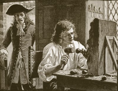 Evelyn upptäcker Grinling Gibbons, illustration från Cassells Illustrated History of England (sepiafoto) av English School