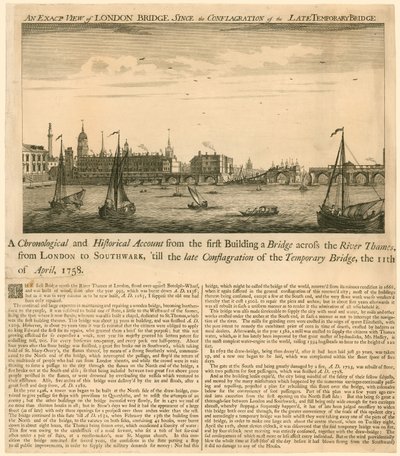 Exakt utsikt över London Bridge sedan branden av den sena tillfälliga bron, 11 april 1758 av English School