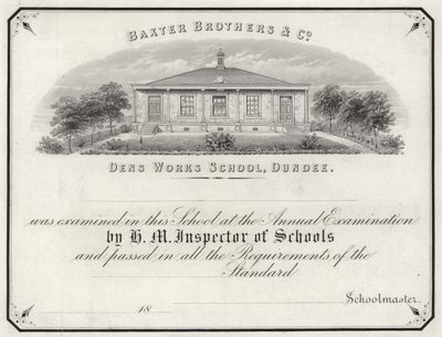 Examinationsintyg från Dens Works School av English School