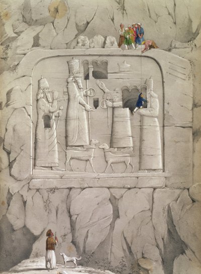 Undersöker en assyrisk klippskulptur, från "Upptäckter i ruinerna av Nineve och Babylon" av Austen Henry Layard av English School