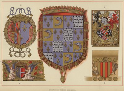 Exempel på fransk heraldik (färg litho) av English School