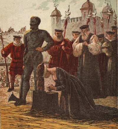 Avrättning av Lady Jane Grey, pub. 1890 (färglitografi) av English School
