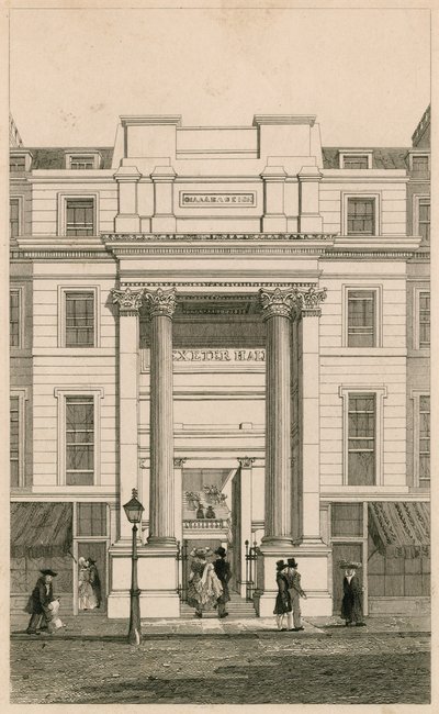 Exeter Hall, Strand, London; från Gentlemans Magazine; bevis av English School