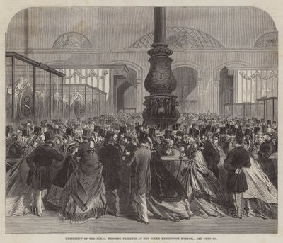 Utställning av de kungliga bröllopspresenterna på South Kensington Museum (gravyr) av English School