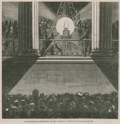 Experimentell utställning av det elektriska ljuset på Trafalgar Square, London av English School