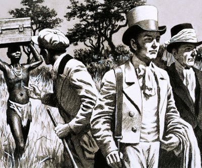 Upptäckare begav sig till Timbuktoo i Afrika medan de trotsade den tropiska värmen i kläder som endast lämpar sig för Storbritannien (gouache på papper) av English School