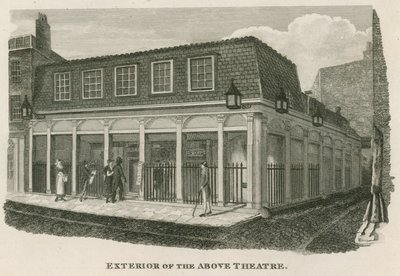 Exteriör av Royal Olympic Theatre, Wych Street, nära Drury Lane, London av English School