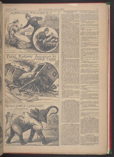 "DÖDLIG JÄRNVÄGSOLYCKA VID WOOD-GREEN." Illustrated Police News, 9 mars 1895 (tidningspapper) av English School