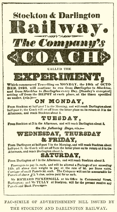 Fac-Simile of Advertisement Bill utfärdad av Stockton och Darlington Railway av English School