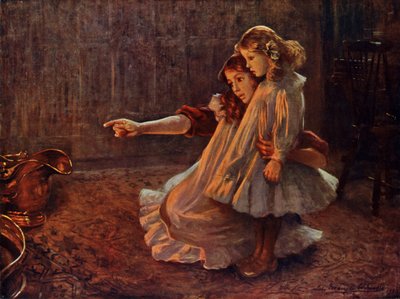 Faces in the Flames: kvinna och barn tittar in i en eld (färg litho) av English School