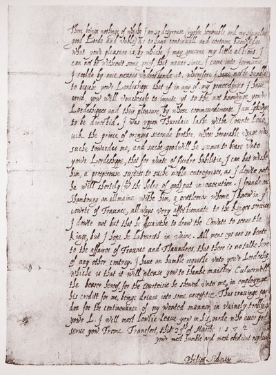 Faksimil av Philip Sidneys handstil vid 18 års ålder, 23 mars 1572 av English School