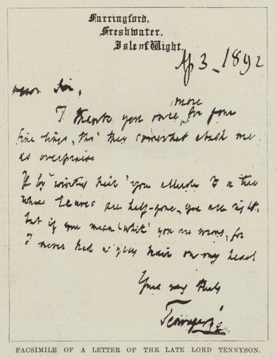 Faksimil av ett brev från framlidne Lord Tennyson (gravyr) av English School