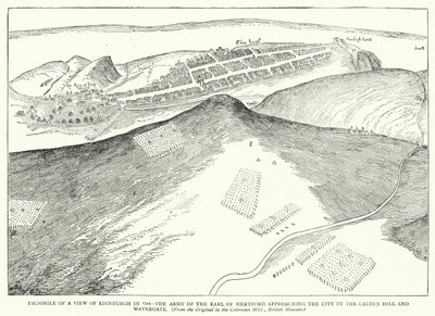 Faksimil av en vy över Edinburgh 1544, earlen av Hertfords armé närmar sig staden genom Calton Hill och Watergate (gravyr) av English School