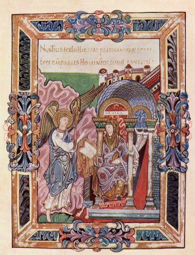 Faksimil av en sida från Ethelwold Benedictional som visar tillkännagivandet, från boken The Church of England: A History for the People, publicerad c.1910 av English School