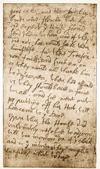 Faksimil av en sida med Sir Ralph Verneys anteckningar om det långa parlamentet från Memoirs of the Verney Family (sepiafoto) av English School