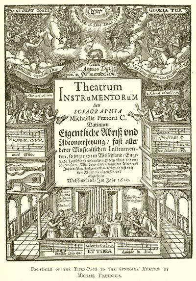 Faksimil av titelsidan till Syntagma Musicum av Michael Praetorius av English School