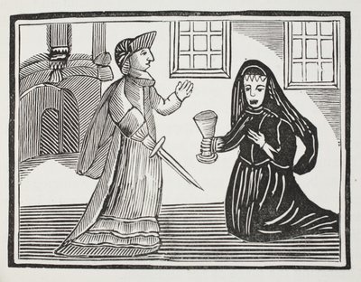Fair Rosamond blir förgiftad av drottning Eleanor, illustration från Chap-books of the Arteenth Century av John Ashton, pub. 1882 av English School